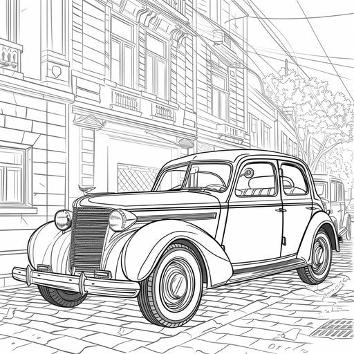 A detailed illustration of a classic vintage car parked on a city street