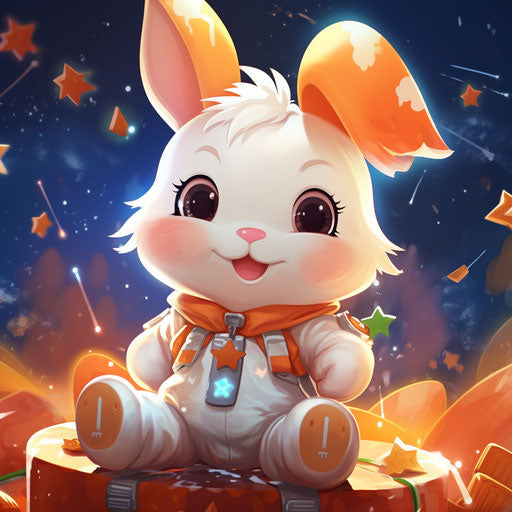 Cartoon rabbit with carrots and stars, gamercore style