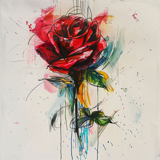 Expressive tattoo sketch of a red rose with abstract expressionist splashes and vibrant hues