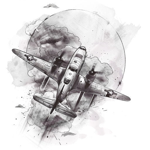 Eerie flat tattoo sketch of a ghostly plane emerging from clouds, muted white and gray, clipart style