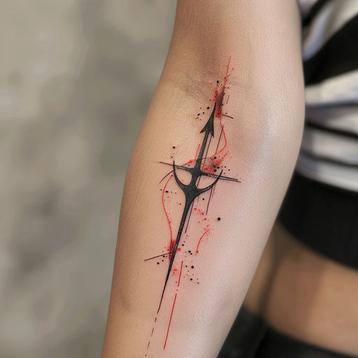 Modern minimalist trident tattoo with thin black lines and red splashes on white background