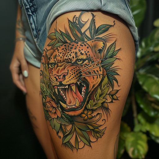 Thigh tattoo with a fierce leopard, in the style of Ami James