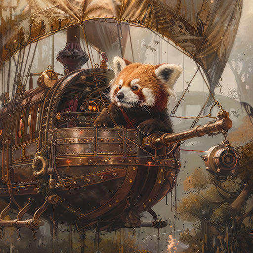 Steampunk scene with a red panda piloting an airship