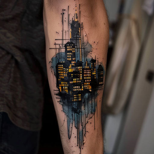 Modern tattoo sketch of a city skyline at night