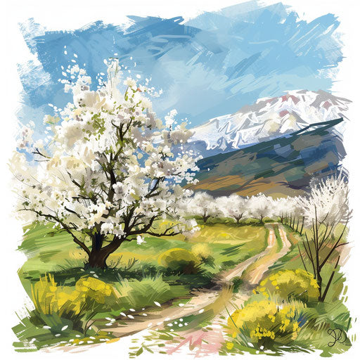 White Orchard Landscape Tattoo Sketch, Spring Colors