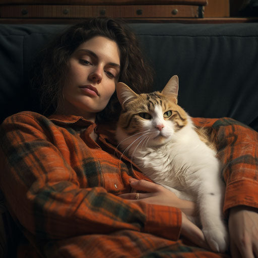 Calico cat sleeping on a couch with its owner