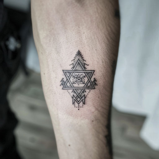 Geometric Norse tattoo with Helm of Awe symbol