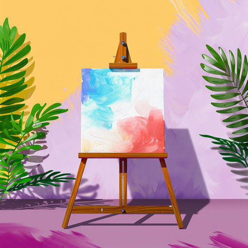 Whimsical painting logo with a quirky easel and pastel purple background