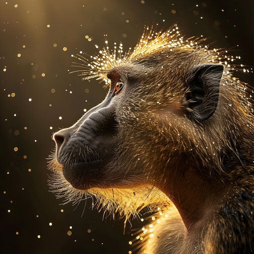Baboon with dewdrops on its fur, soft and gentle