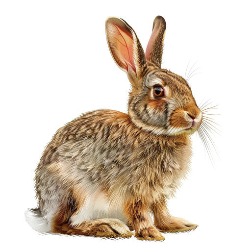 Realistic rabbit clipart on flat white background, sharp edges and vibrant tones