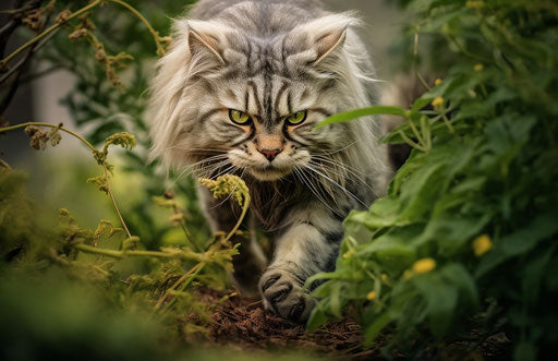 Cat walking among plants on grass