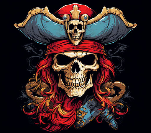 Pirate skull with hat in black and white vector