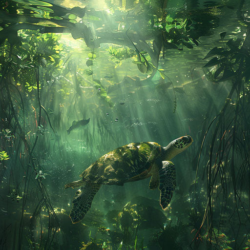 Green sea turtle exploring murky waters of mangrove