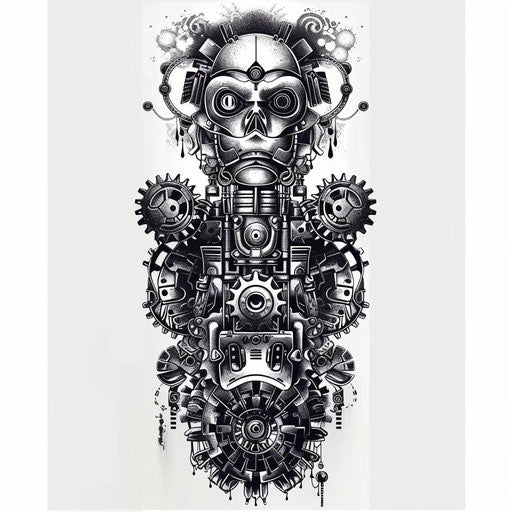 Retro futuristic black tattoo, robots and gears, on white backdrop