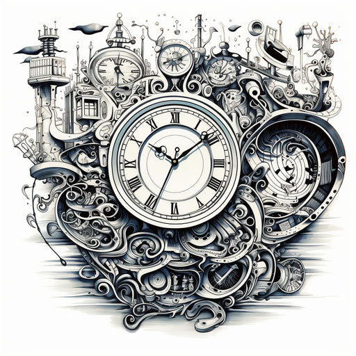 Clock with ornaments in intricate pen illustrator style