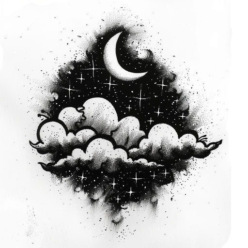 Celestial cloud with stars and moon in black on white