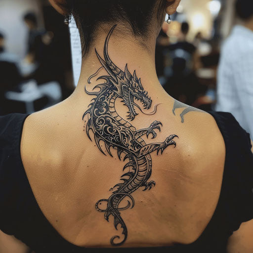 Tribal dragon tattoo on neck