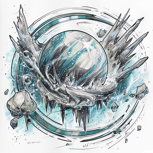 Dynamic tattoo sketch of Uranus with icy motifs and shimmering silver and blue