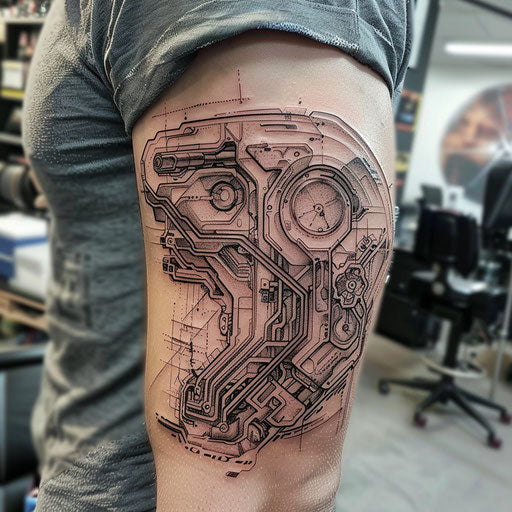 Biomechanical circuit tattoo on the bicep