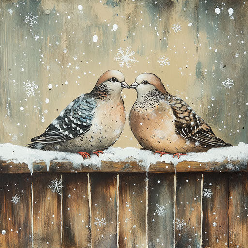 Two doves nestled on a rustic wooden fence, soft snowflakes falling around them.