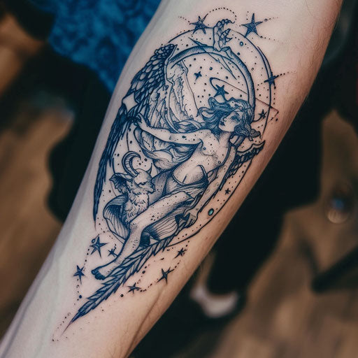 Mystical flat tattoo sketch of an angel and devil under a starry sky, minimalist, dark blue and white