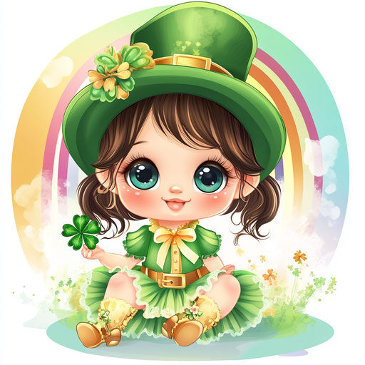 Saint Patrick's Day baby girl, cute chibi-style clipart with rainbow and Irish colors
