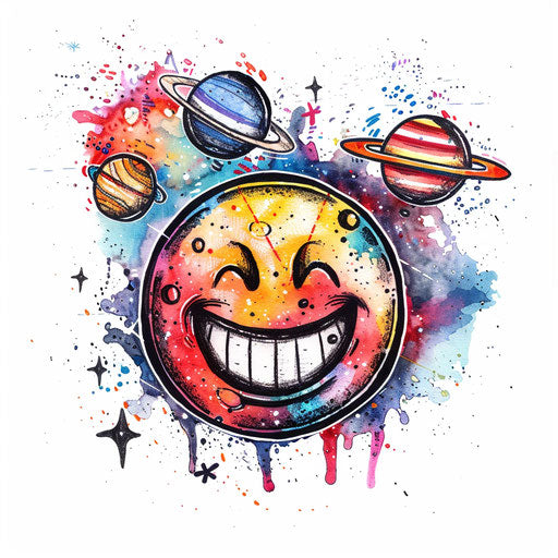 Space-themed smiley with stars and planets on white background