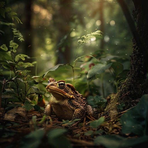 A toad searching in a thick forest in the style of Roeselien Raimond
