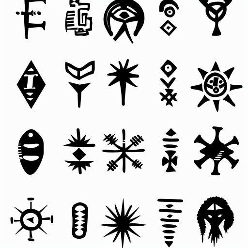 Minimalist African symbols as tattoos on white background