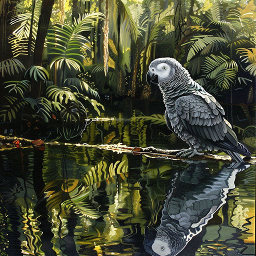 Reflective African grey parrot by a tranquil river