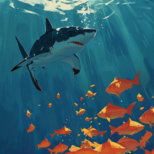 Size contrast: shark swimming alongside school of fish