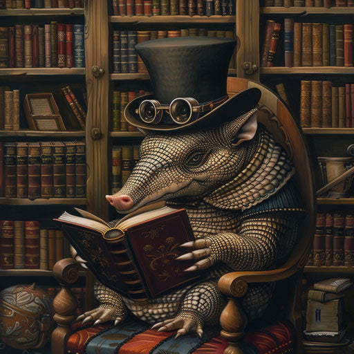 A whimsical armadillo reading a book in a cozy library
