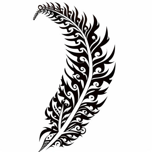 Polynesian style fern tattoo with traditional patterns and symbols on white background