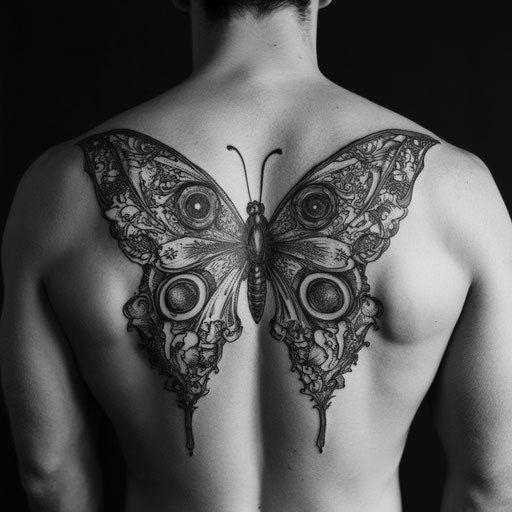 Butterfly tattoo men on back with celestial elements