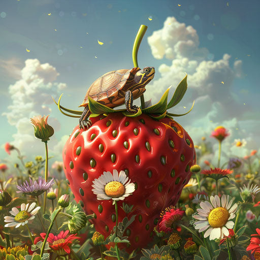 A small turtle perched on a giant strawberry, surrounded by a field of flowers