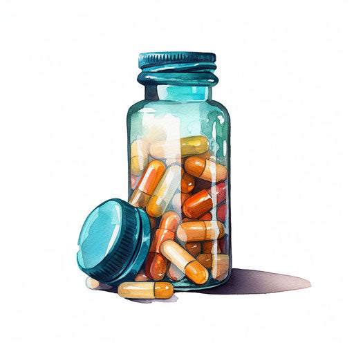Pill bottle in Oil painting style, white background