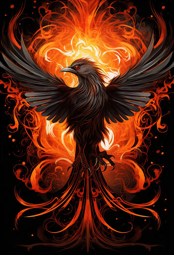Orange and black bird design in mythical style
