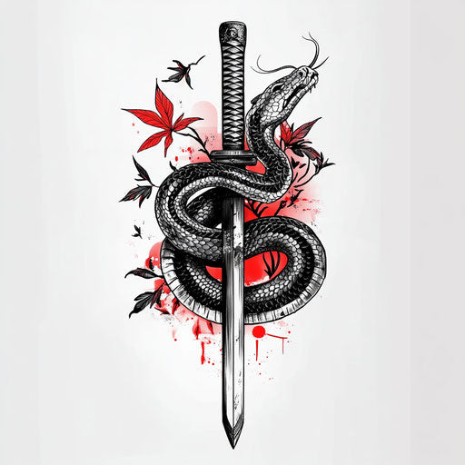 Flat tattoo sketch of beautiful yakuza back tattoo with snake coiling around samurai sword