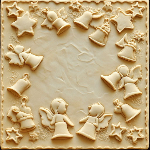 Border of Christmas cookie cutters against dough background