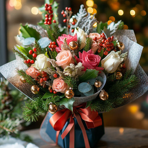 A bouquet of winter flowers wrapped in a bow with jingle bells, a festive gift ready to be delivered.