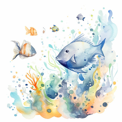 Impressionistic style sea creatures illustrations on white background