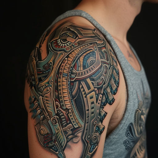 Abstract biomechanical tattoo with metallic patterns