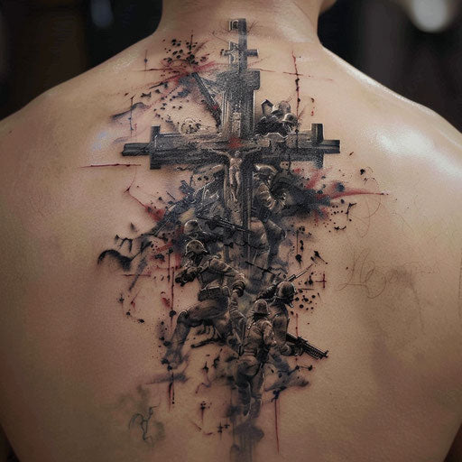 Dynamic and heroic cross tattoo for men