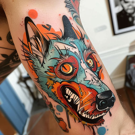 Cartoon-style tattoo sketch of a playful wolf