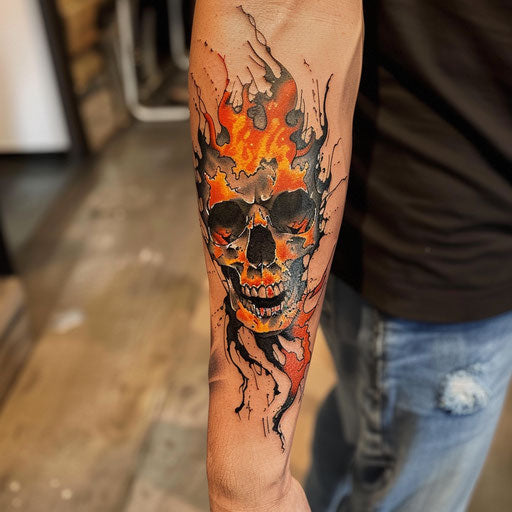 Flaming skull forearm tattoo, Ed Hardy style