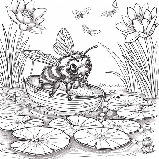 A playful bee on a leaf boat in a pond. Coloring book page