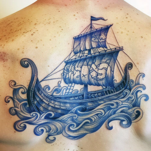 Traditional Viking longship tattoo on blue sea