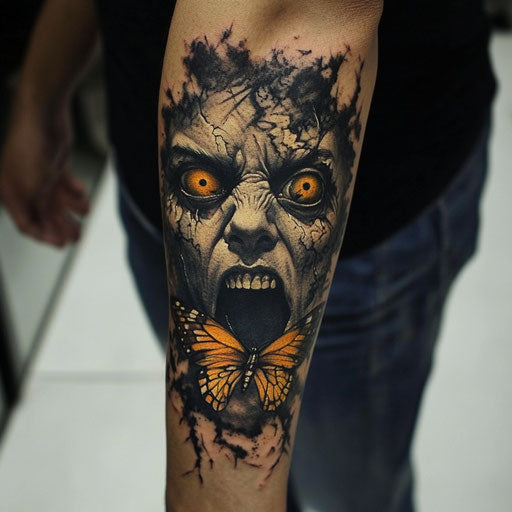 Men's butterfly forearm tattoo with horror themes