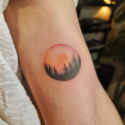 Realistic sunset tattoo on white background