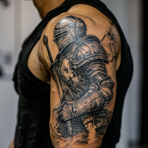 Bicep tattoo of a knight in armor, Adrian Smith style